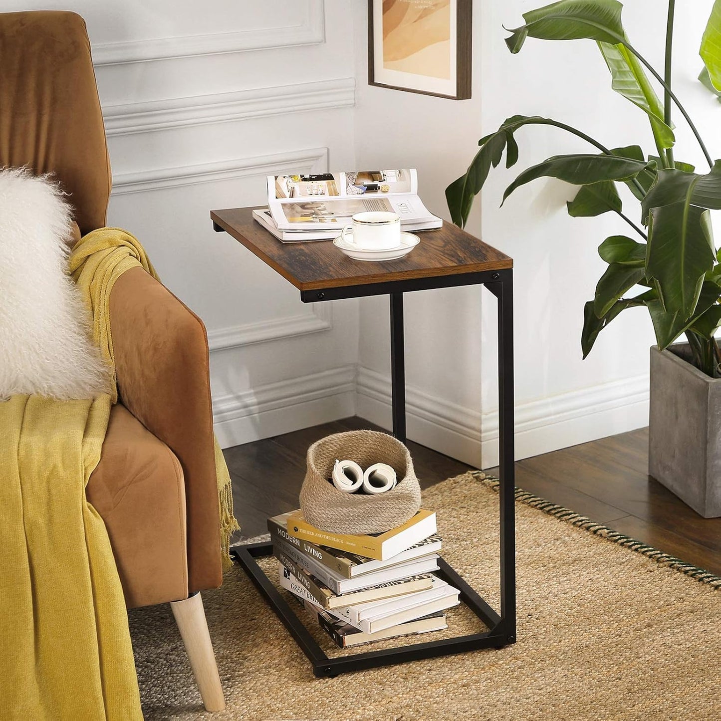 C Shaped End Table for Sofa and Couch, Industrial Side Table, Laptop Tray Table for Living Room, Bedroom and Small Spaces Rustic Brown and Black LNT52BX - with | Sold by Uncle Wiener's Wholesale