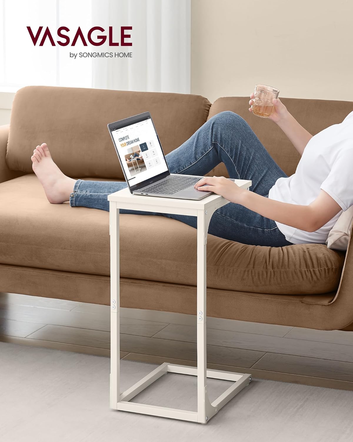 C-Shaped End Table, Small Side Table for Couch, Sofa Table with Metal Frame for Living Room, Bedroom, Bedside - with Cream White | Sold by Uncle Wiener's Wholesale