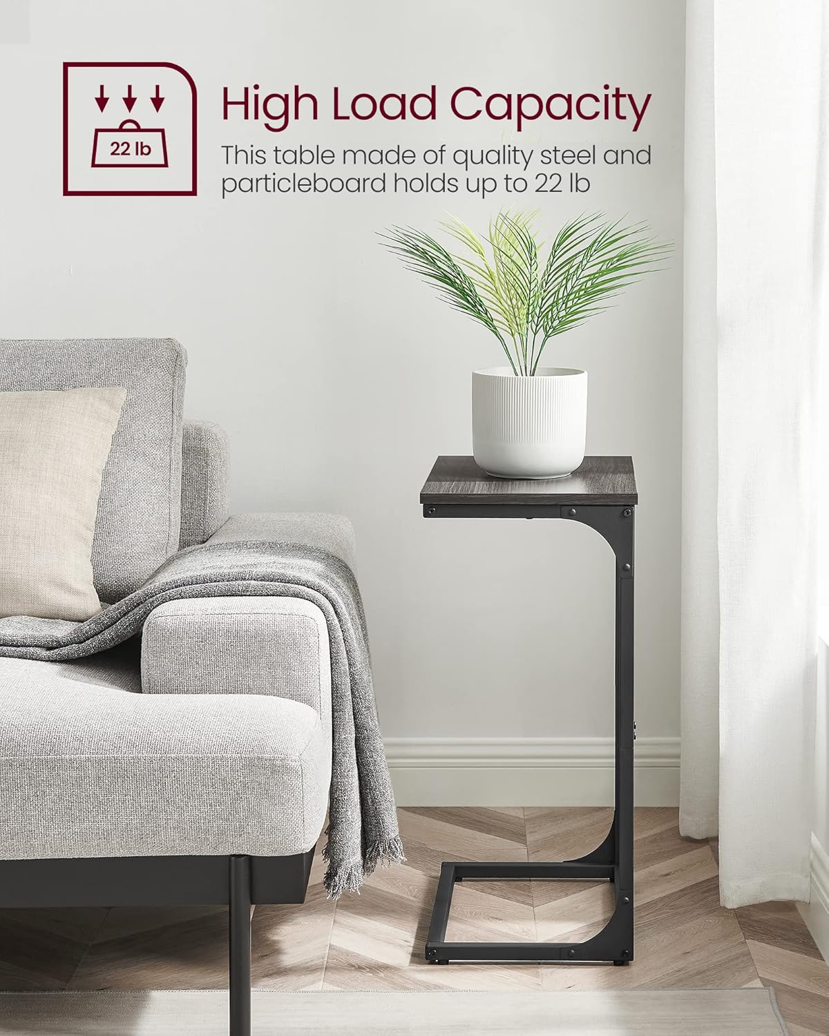 C Shaped End Table, Sofa Side Table, Couch Table and Small TV Tray with Metal Frame - with Gray Oak and Ink Black | Sold by Uncle Wiener's Wholesale