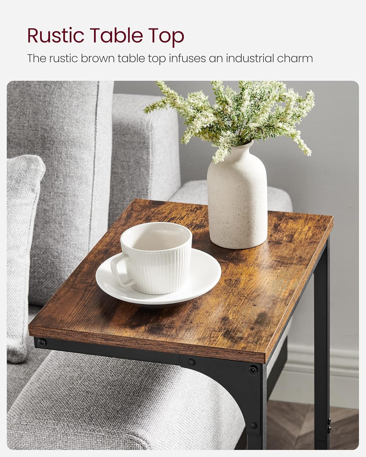 C Shaped End Table, Sofa Side Table, Couch Table and Small TV Tray with Metal Frame - with Gray Oak and Ink Black | Sold by Uncle Wiener's Wholesale