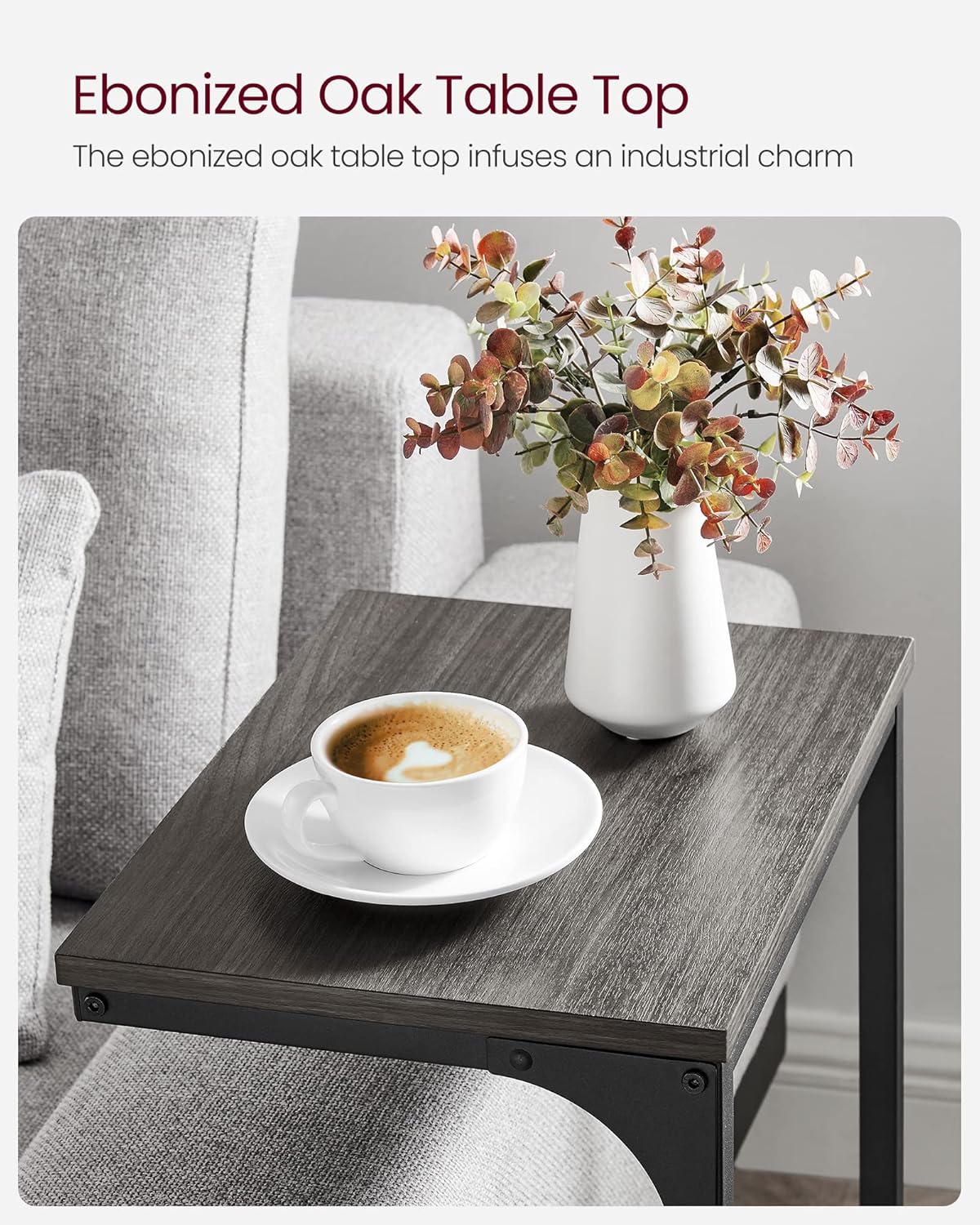 C Shaped End Table, Sofa Side Table, Couch Table and Small TV Tray with Metal Frame - with Gray Oak and Ink Black | Sold by Uncle Wiener's Wholesale