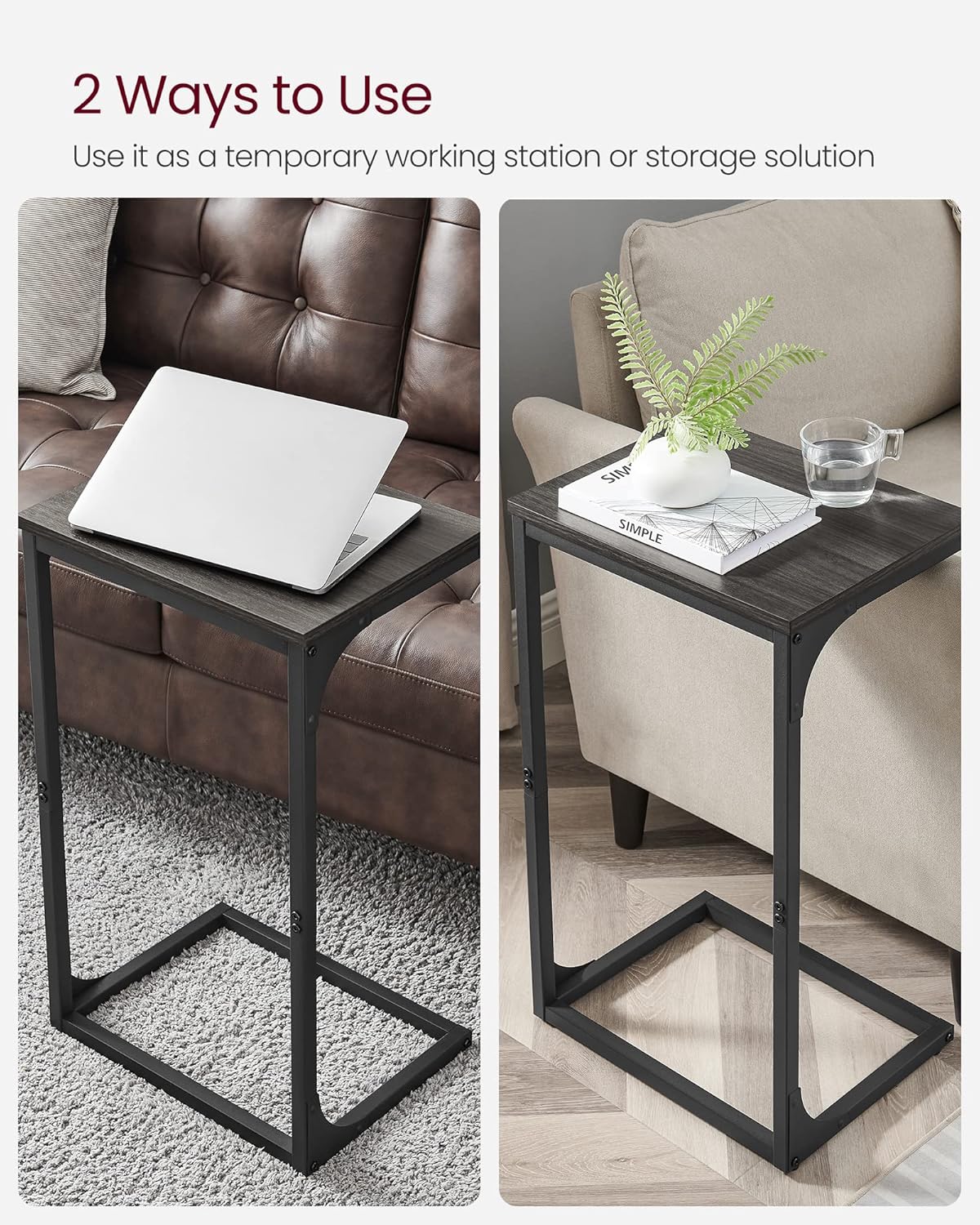 C Shaped End Table, Sofa Side Table, Couch Table and Small TV Tray with Metal Frame - with Gray Oak and Ink Black | Sold by Uncle Wiener's Wholesale