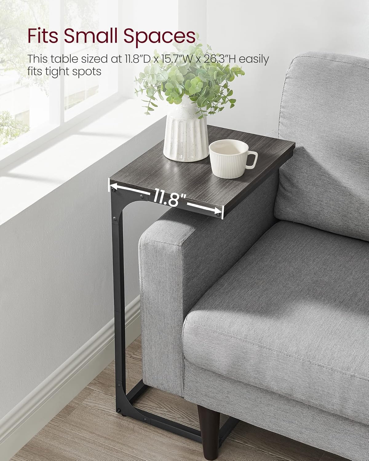 C Shaped End Table, Sofa Side Table, Couch Table and Small TV Tray with Metal Frame - with Gray Oak and Ink Black | Sold by Uncle Wiener's Wholesale