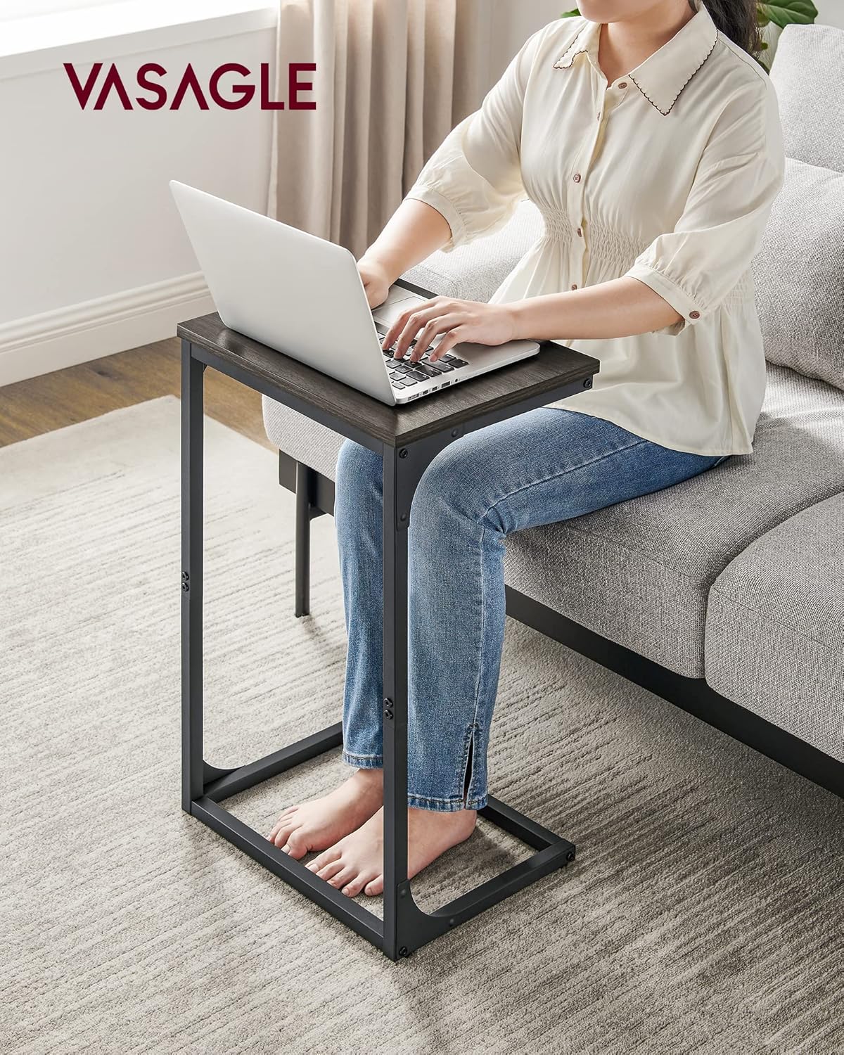 C Shaped End Table, Sofa Side Table, Couch Table and Small TV Tray with Metal Frame - with Gray Oak and Ink Black | Sold by Uncle Wiener's Wholesale