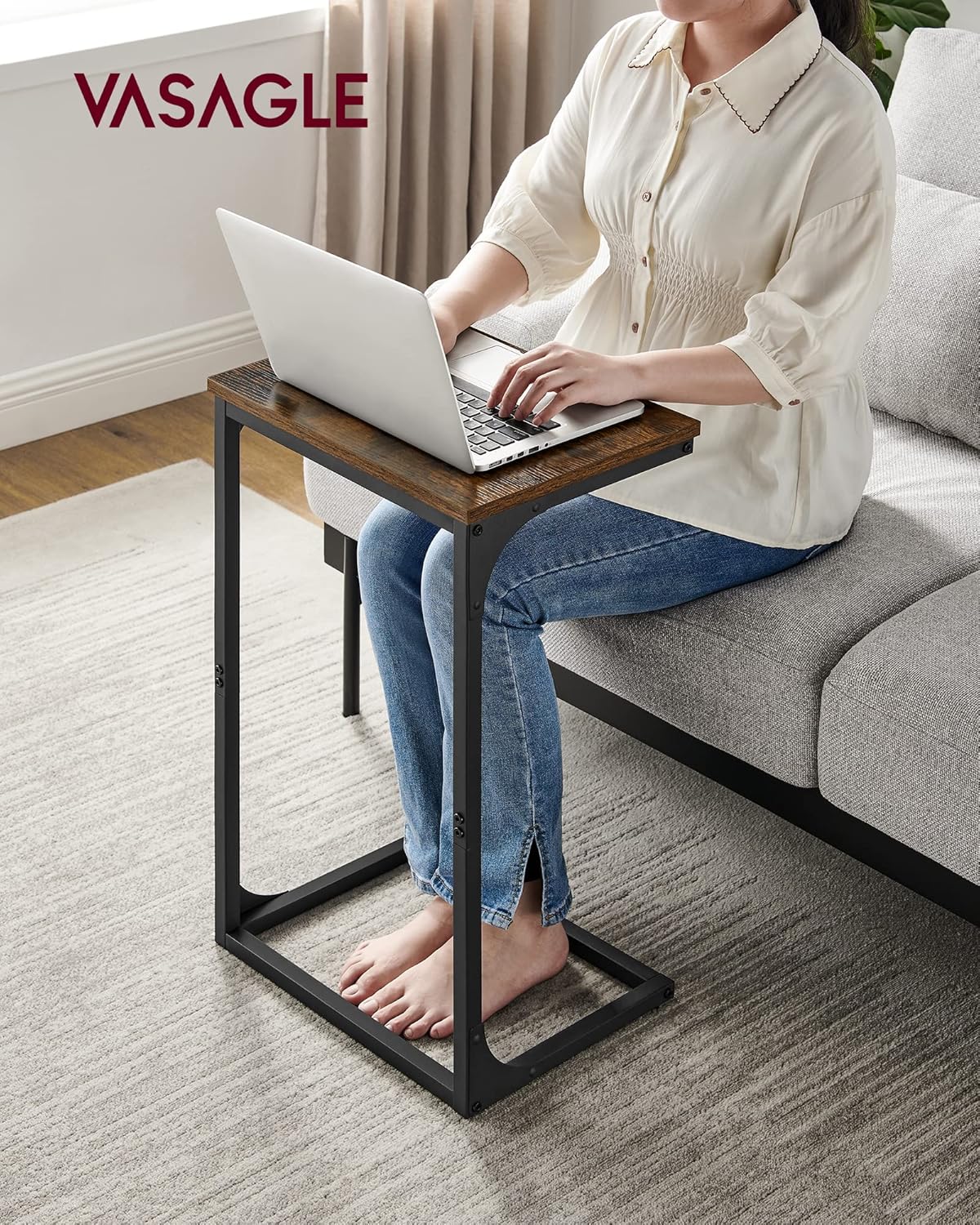 C Shaped End Table, Sofa Side Table, Couch Table and Small TV Tray with Metal Frame - with Gray Oak and Ink Black | Sold by Uncle Wiener's Wholesale