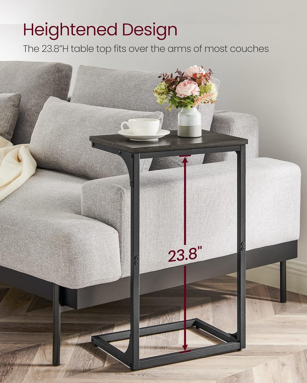 C Shaped End Table, Sofa Side Table, Couch Table and Small TV Tray with Metal Frame - with Gray Oak and Ink Black | Sold by Uncle Wiener's Wholesale