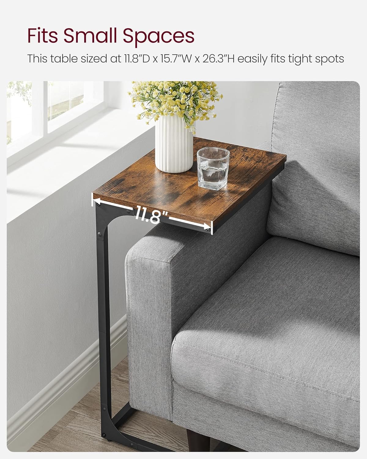 C Shaped End Table, Sofa Side Table, Couch Table and Small TV Tray with Metal Frame - with Gray Oak and Ink Black | Sold by Uncle Wiener's Wholesale