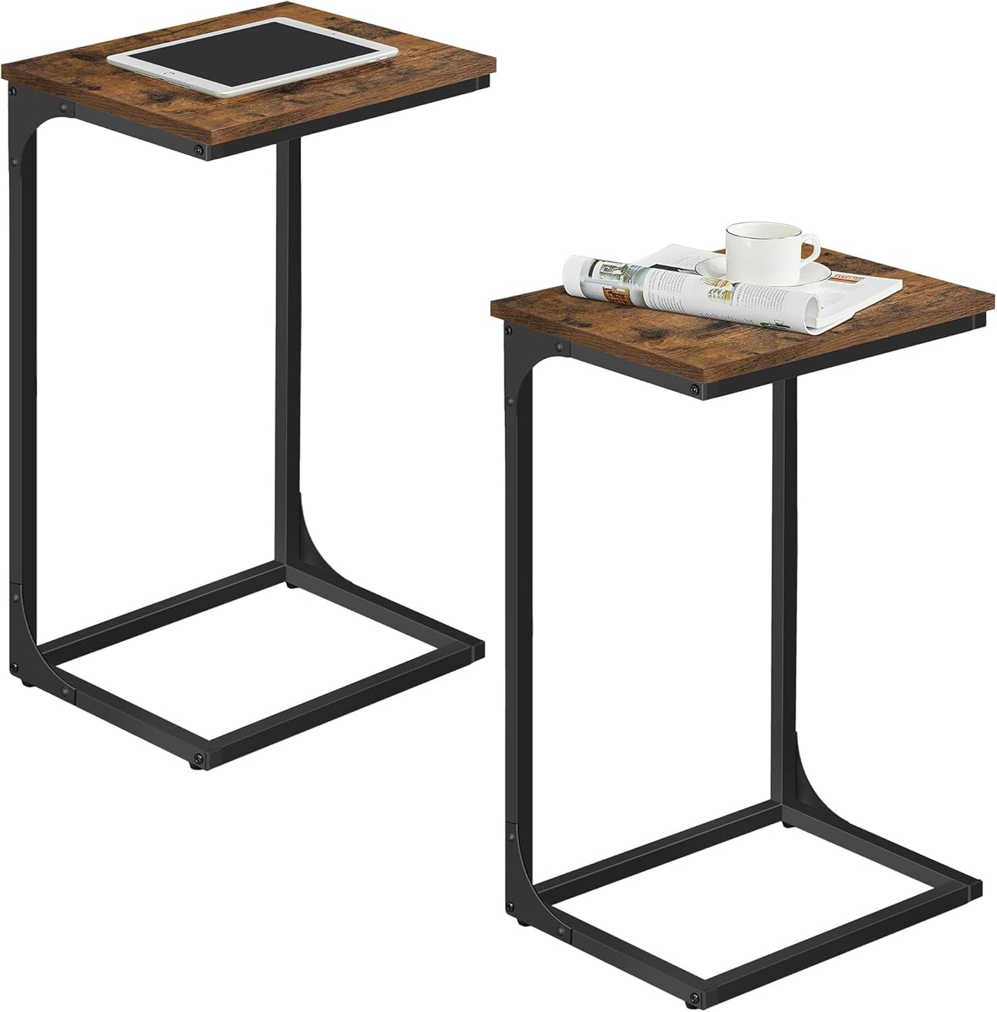 C Shaped Side Tables Set of 2, Sofa Side Tables, Bedside Tables, Laptop Tables for Living Room and Bedroom with Metal Frame LET355B - with Rustic Brown and Ink Black | Sold by Uncle Wiener's Wholesale