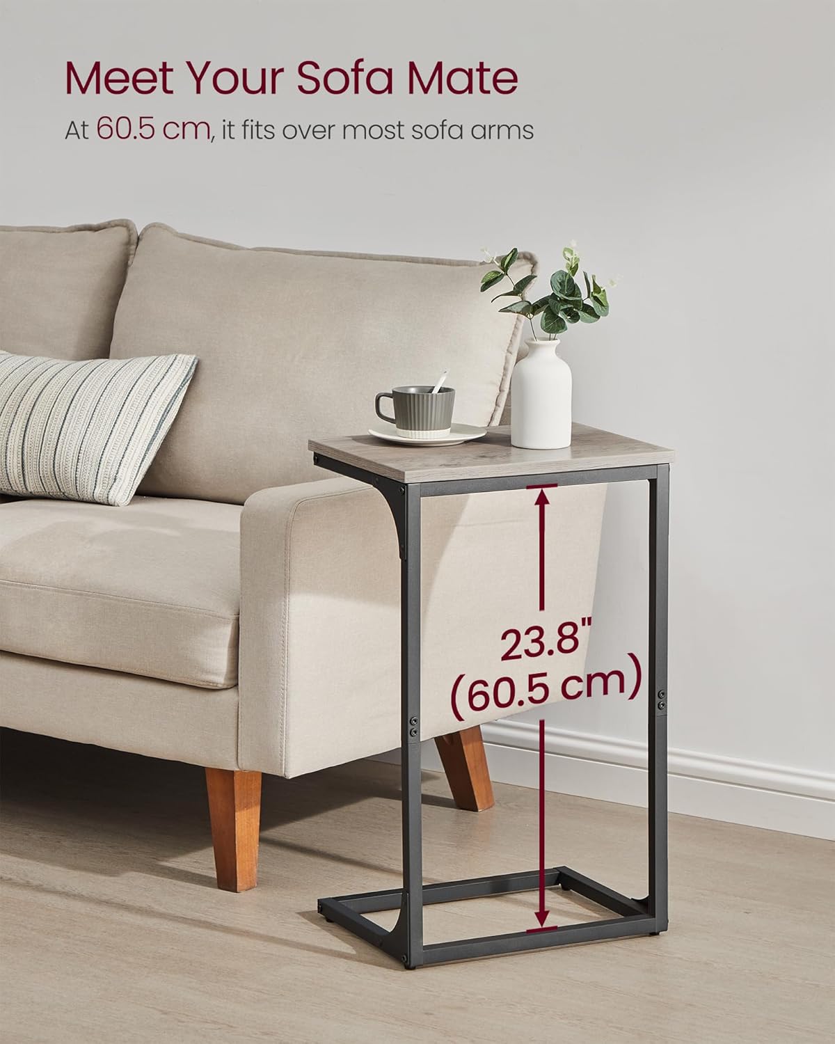 C Shaped Side Tables Set of 2, Sofa Side Tables, Bedside Tables, Laptop Tables for Living Room and Bedroom with Metal Frame LET355B - with Heather Greige and Ink Black | Sold by Uncle Wiener's Wholesale