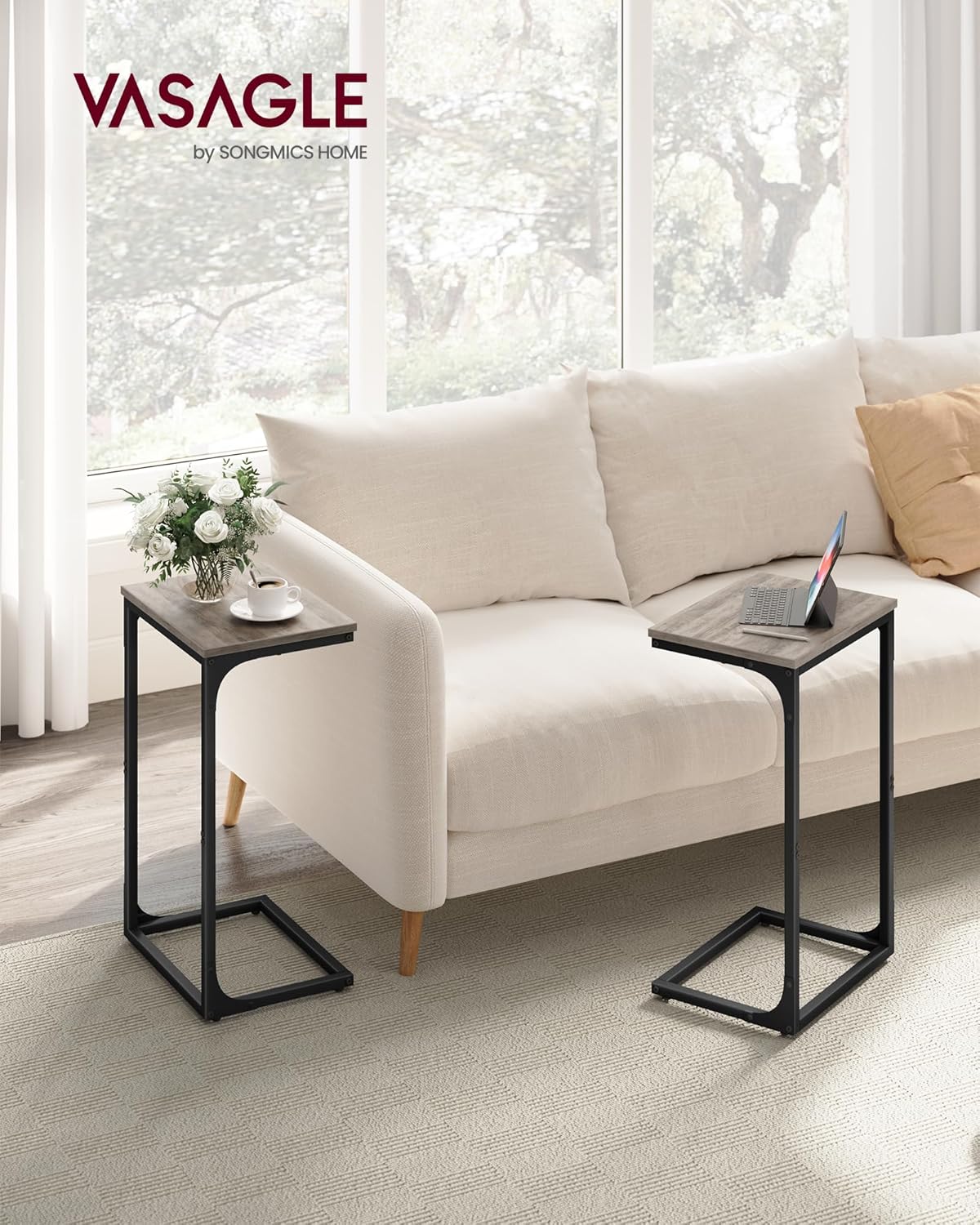C Shaped Side Tables Set of 2, Sofa Side Tables, Bedside Tables, Laptop Tables for Living Room and Bedroom with Metal Frame LET355B - with Heather Greige and Ink Black | Sold by Uncle Wiener's Wholesale