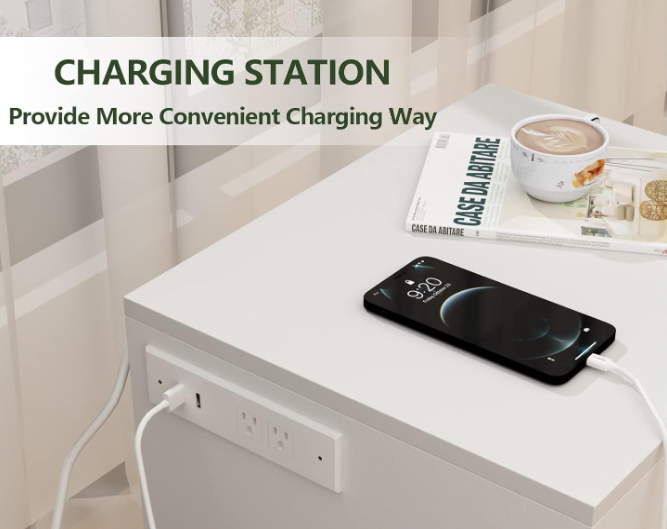 Smart Night Stand Bedside Table with Charging Station LED Lights and Lock White / Black BT034W