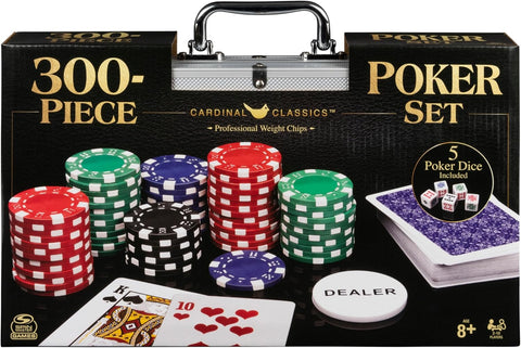 Cardinal Classics, 300 - Piece Poker Set with Aluminum Carrying Case & Professional Weight Chips Plus 5 Poker Dice, Casino Game for Adults and Kids Ages 8 and up - with | Sold by Uncle Wiener's Wholesale