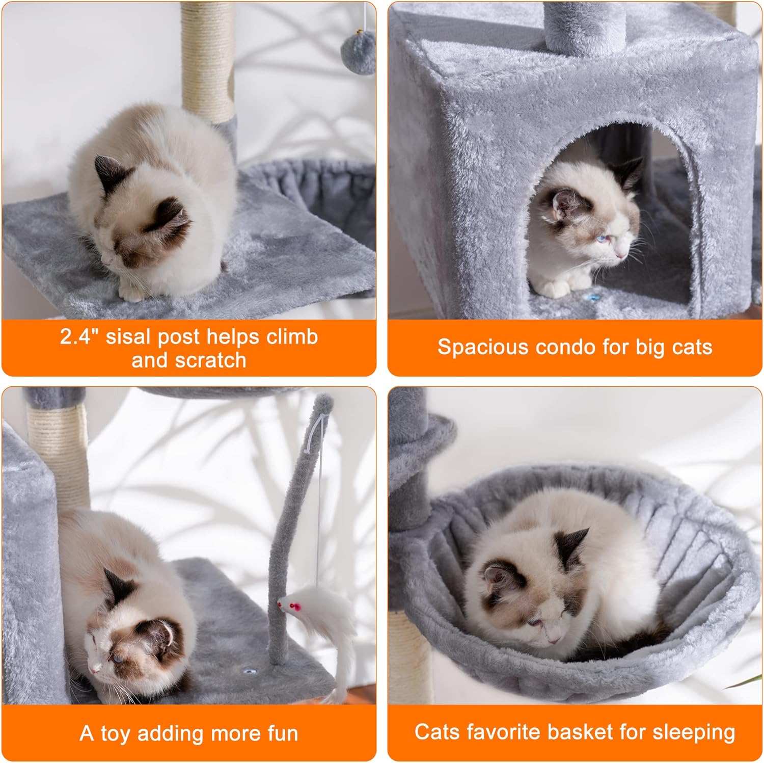 Cat Tree Tower Condo with Hammock & Scratching Posts – Plush Perch &amp; Toy Light Gray HCT004SW - with | Sold by Uncle Wiener's Wholesale