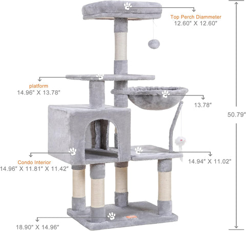Cat Tree Tower Condo with Hammock & Scratching Posts – Plush Perch &amp; Toy Light Gray HCT004SW - with | Sold by Uncle Wiener's Wholesale