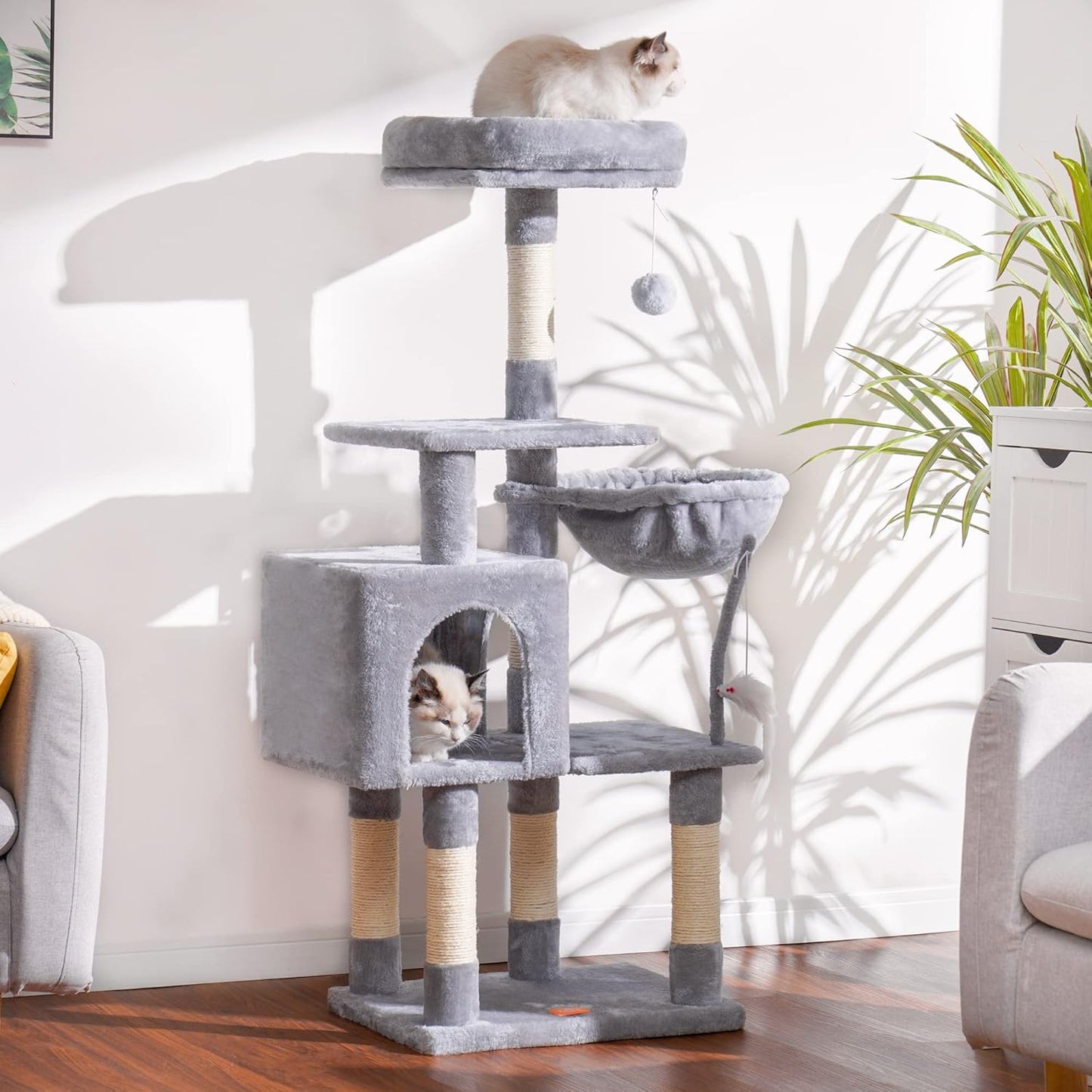 Cat Tree Tower Condo with Hammock & Scratching Posts – Plush Perch &amp; Toy Light Gray HCT004SW - with | Sold by Uncle Wiener's Wholesale