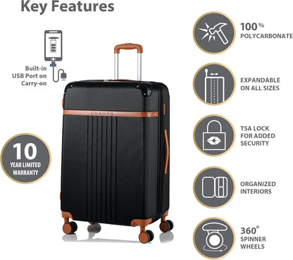 CHAMPS – ‘VINTAGE COLLECTION’ - 2 - PIECE HARDSIDE SPINNER LUGGAGE SET, BLACK - with | Sold by Uncle Wiener's Wholesale