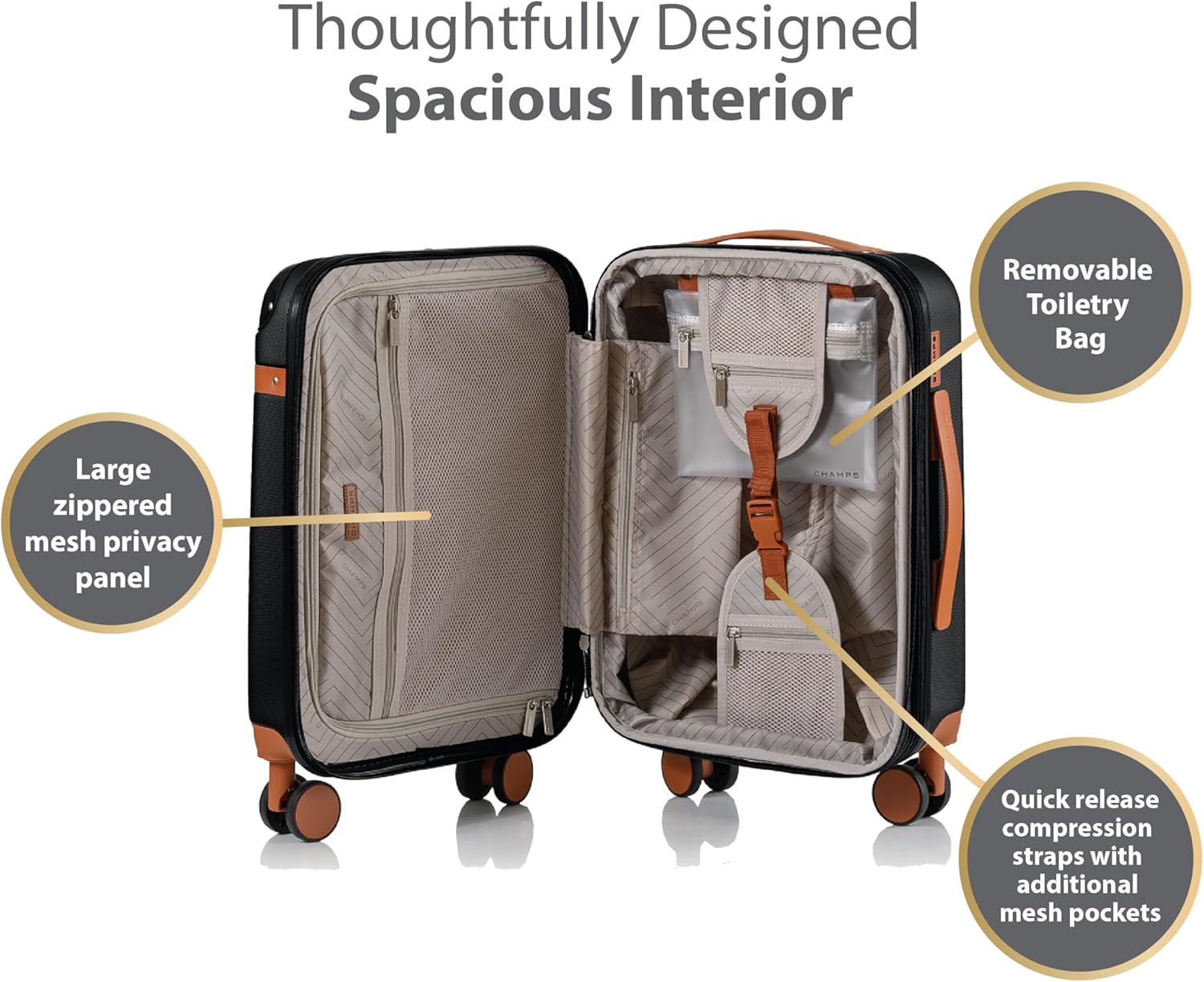 CHAMPS – ‘VINTAGE COLLECTION’ - 2 - PIECE HARDSIDE SPINNER LUGGAGE SET, BLACK - with | Sold by Uncle Wiener's Wholesale