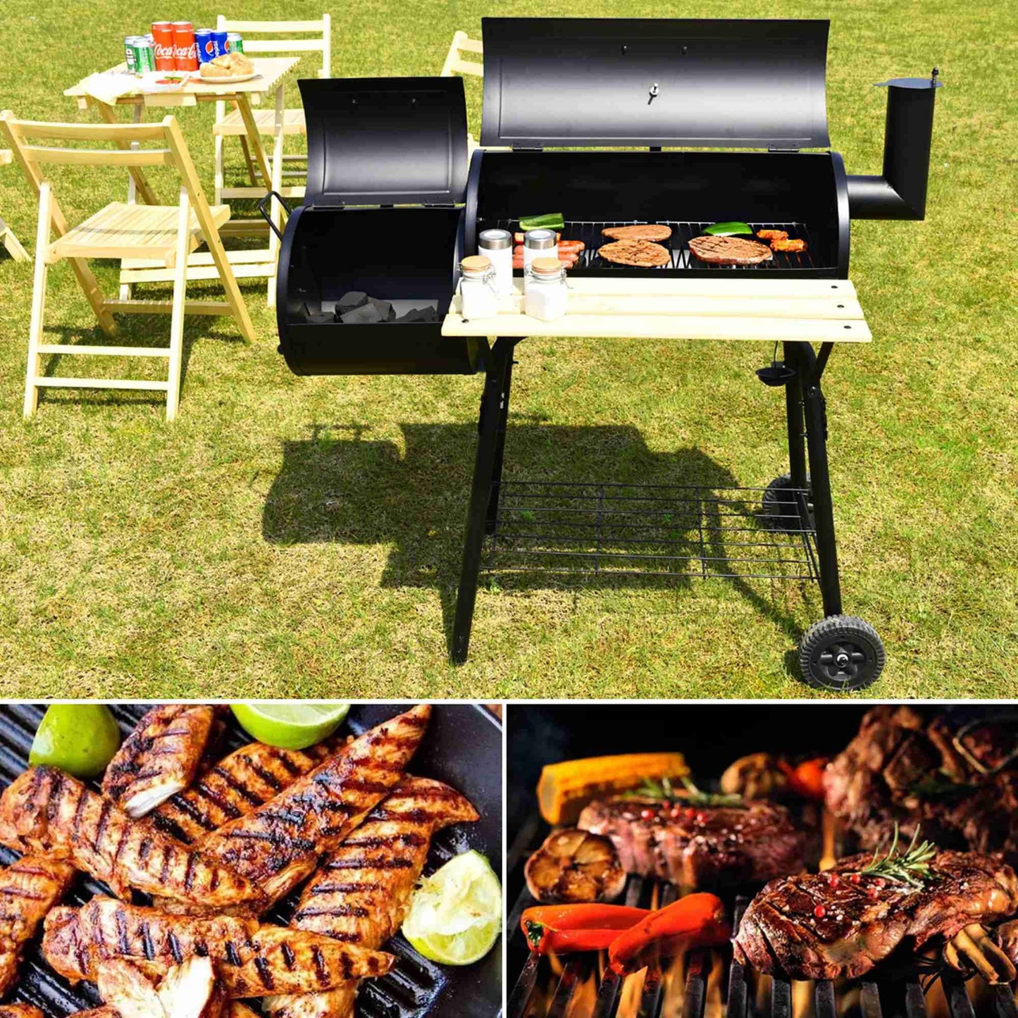 Charcoal BBQ Grill Offset Smoker Compact Outdoor Grill Cart SL7038 - with | Sold by Uncle Wiener's Wholesale
