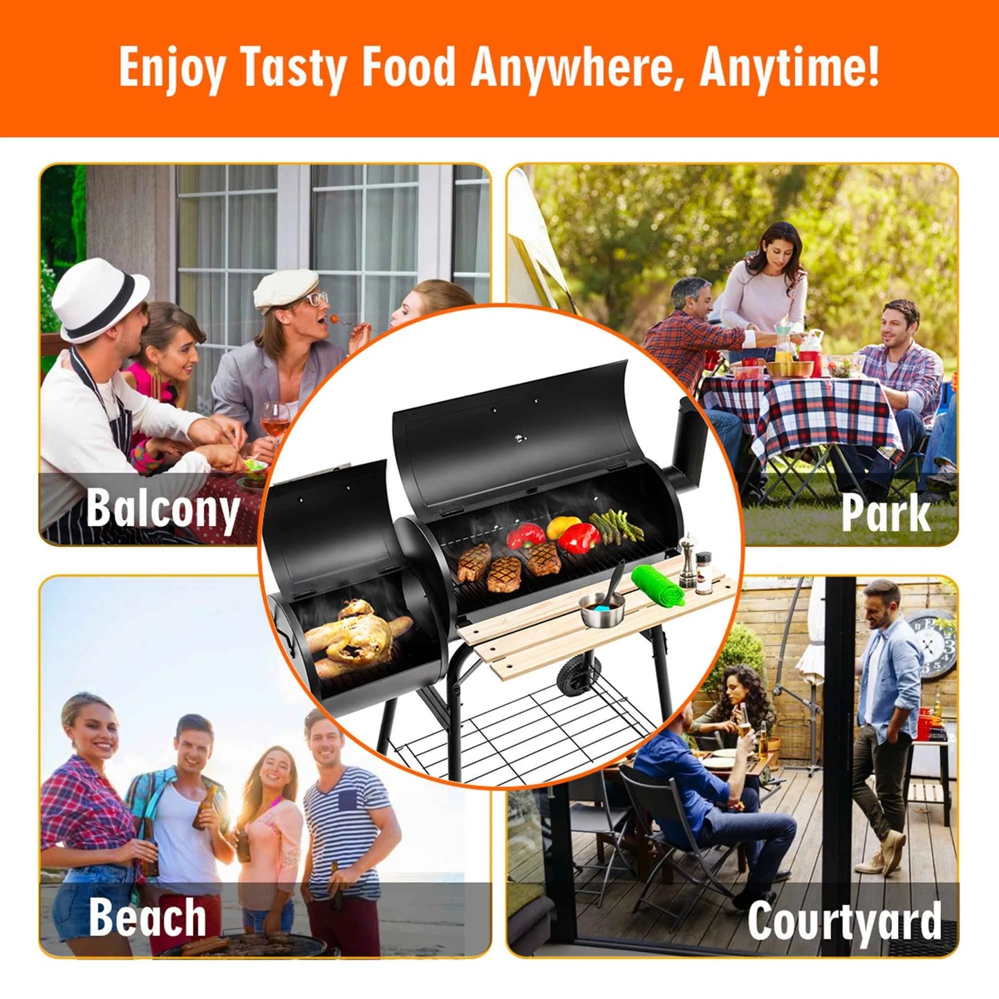 Charcoal BBQ Grill Offset Smoker Compact Outdoor Grill Cart SL7038 - with | Sold by Uncle Wiener's Wholesale