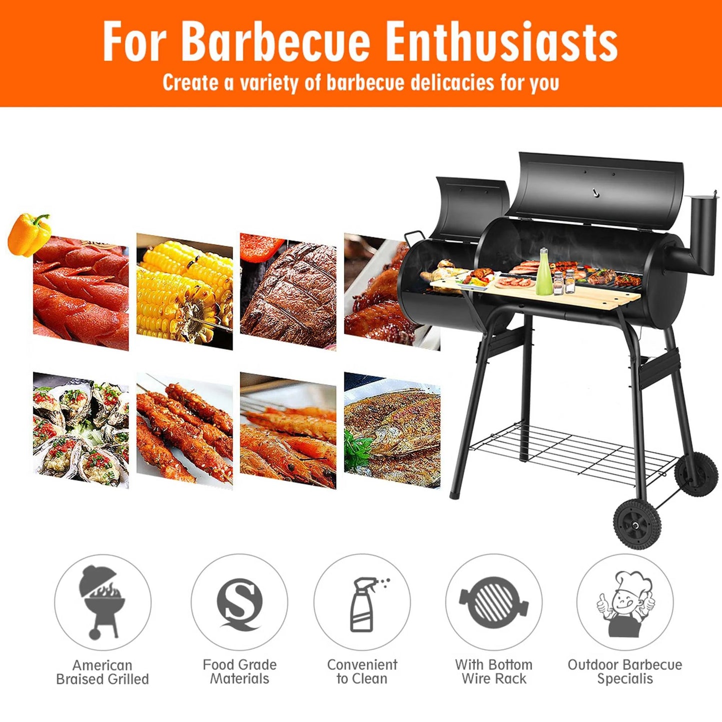 Charcoal BBQ Grill Offset Smoker Compact Outdoor Grill Cart SL7038 - with | Sold by Uncle Wiener's Wholesale