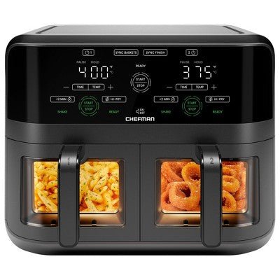 Chefman Dual Basket Digital Air Fryer Oven w/ Easy View Windows, 2 Independent 3 Qt Baskets - Black - with Dimensions (Overall): 11.02 inches (H) x 11.81 inches (W) x 12.99 inches (D) | Sold by Uncle Wiener's Wholesale