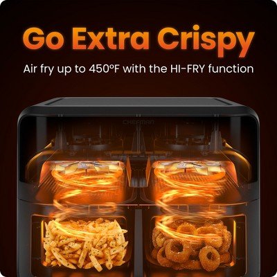 Chefman Dual Basket Digital Air Fryer Oven w/ Easy View Windows, 2 Independent 3 Qt Baskets - Black - with Dimensions (Overall): 11.02 inches (H) x 11.81 inches (W) x 12.99 inches (D) | Sold by Uncle Wiener's Wholesale
