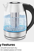 Chefman Electric Glass Kettle, Fast Boiling W/ LED Lights, Auto Shutoff & Boil Dry Protection, Cordless Pouring, BPA Free, Removable Tea Infuser, 1.8 Liters - with | Sold by Uncle Wiener's Wholesale