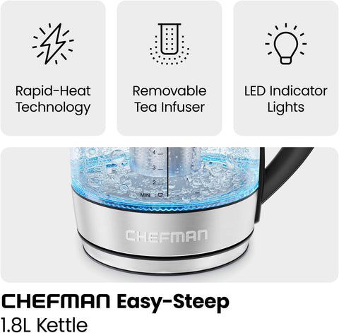Chefman Electric Glass Kettle, Fast Boiling W/ LED Lights, Auto Shutoff & Boil Dry Protection, Cordless Pouring, BPA Free, Removable Tea Infuser, 1.8 Liters - with | Sold by Uncle Wiener's Wholesale