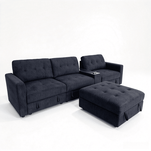 Chenille Linen Fabric Sofa with Storage Seats, Pull-Out Drawers, Console, USB Charging & Wireless Charger BOM132GRY - with Charcoal Sofa with Ottoman | Sold by Uncle Wiener's Wholesale