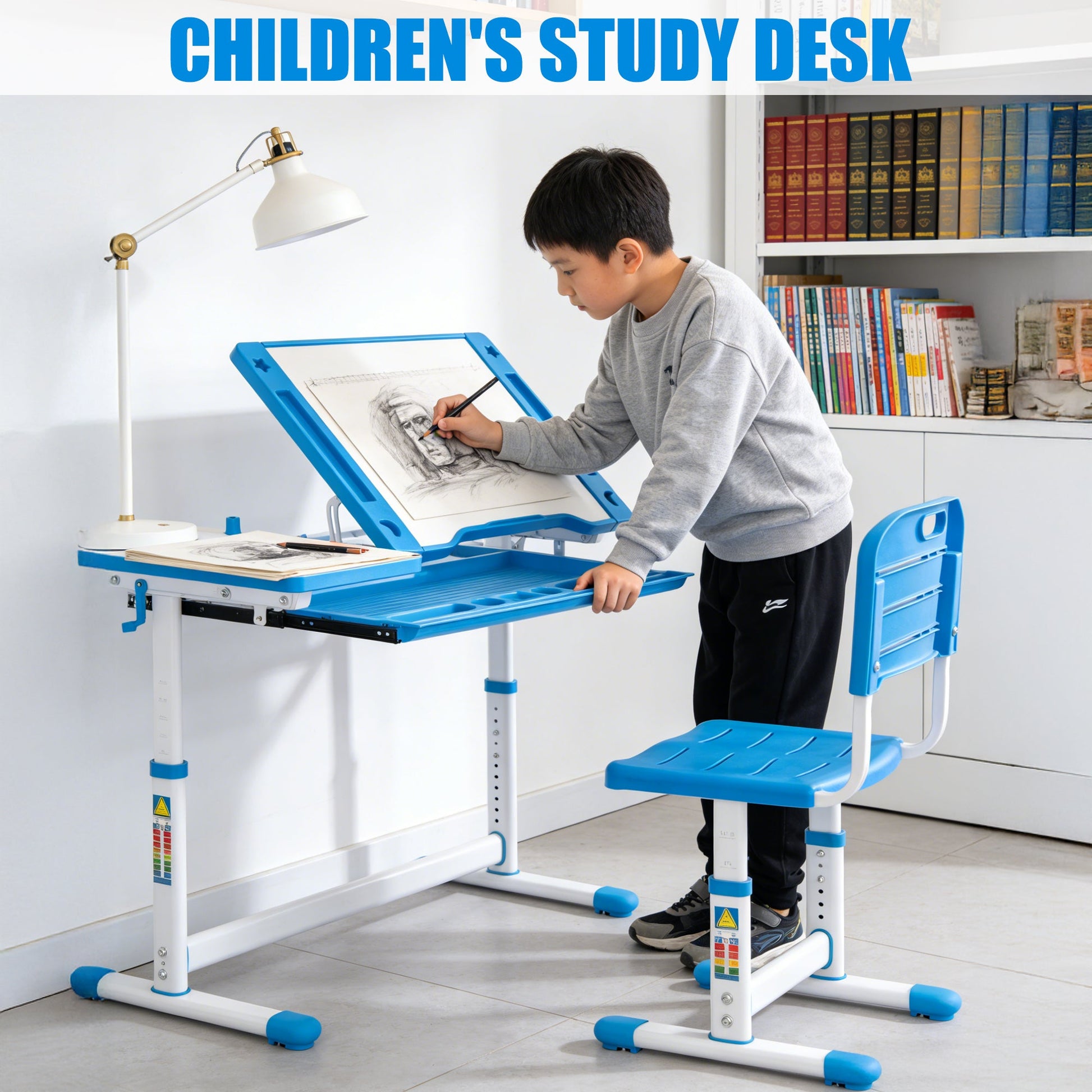 Children’s Adjustable Study Desk & Chair Set with Tilting Desktop AMCDT - with | Sold by Uncle Wiener's Wholesale