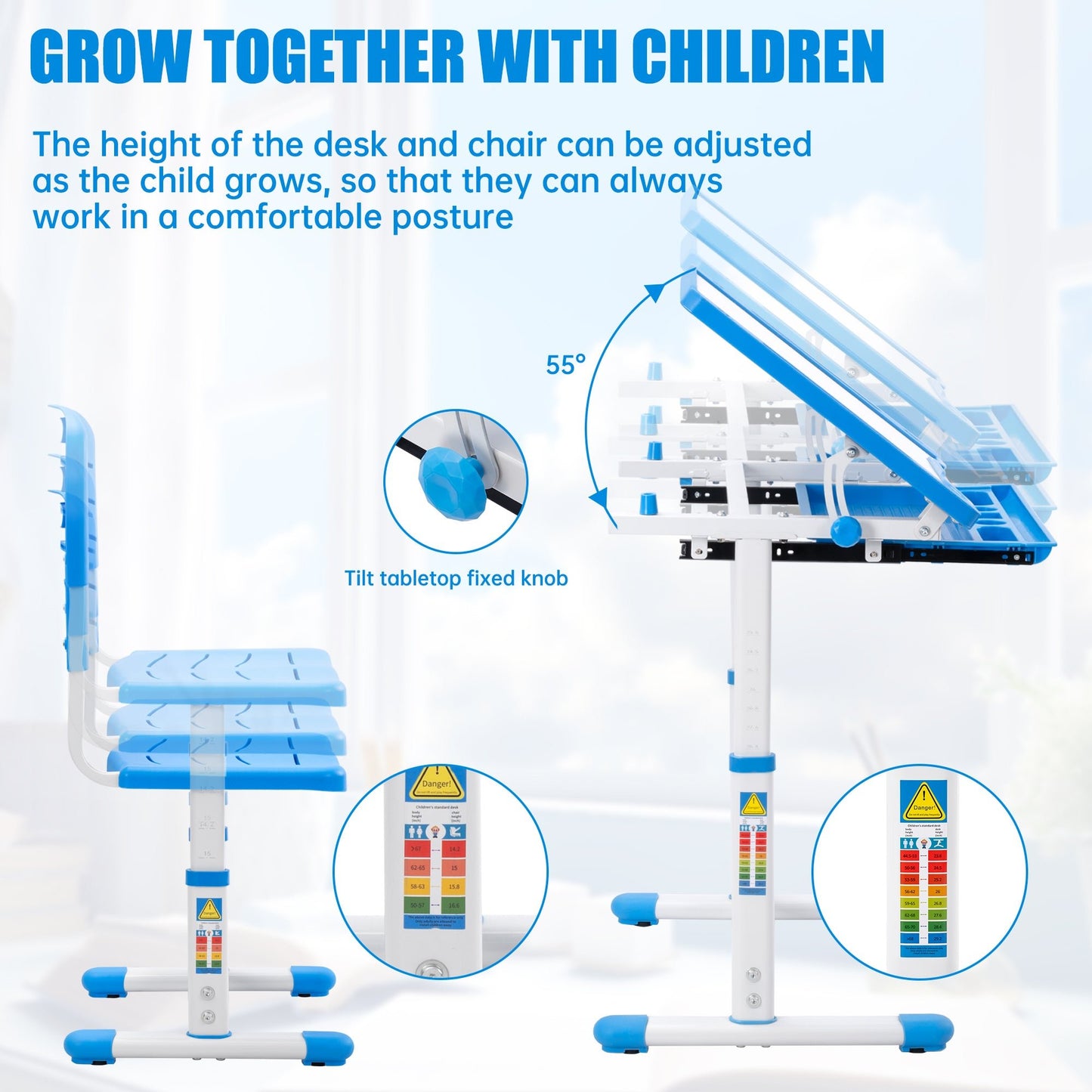 Children’s Adjustable Study Desk & Chair Set with Tilting Desktop AMCDT - with | Sold by Uncle Wiener's Wholesale