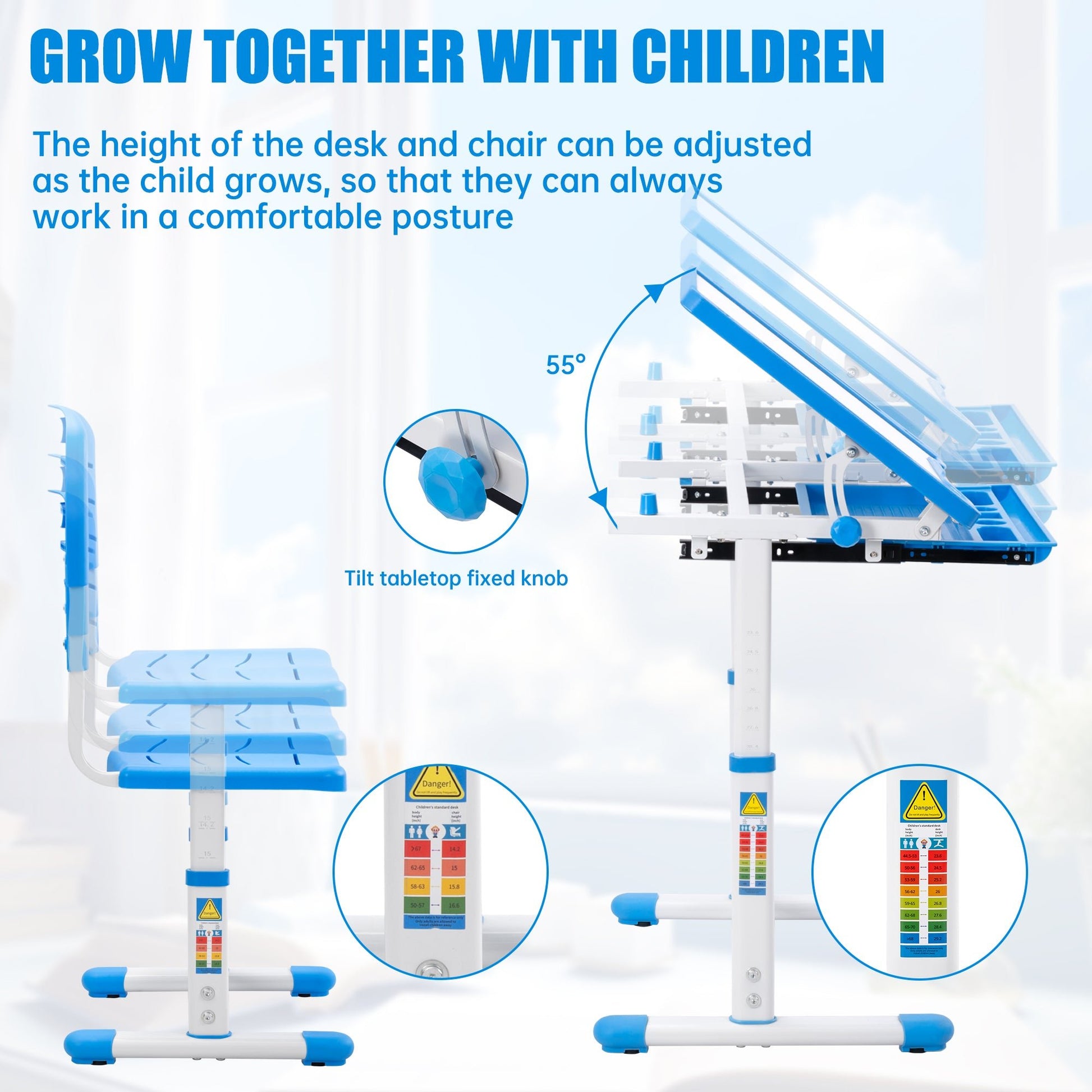Children’s Adjustable Study Desk & Chair Set with Tilting Desktop AMCDT - with | Sold by Uncle Wiener's Wholesale