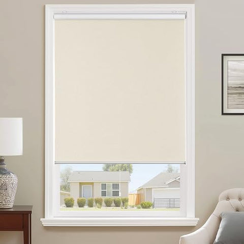 ChrisDowa Cordless 100% Blackout Roller Shade, with Striped Jacquard, Thermal Insulated, UV Protection Fabric, Total Blackout Blinds for Window, French Doors, Home and Office. Beige, 35" W x 72" H - with Beige | Sold by Uncle Wiener's Wholesale