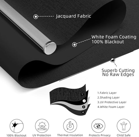 ChrisDowa Cordless Blackout Roller Shade with Spring System Room Darkening UV Protection Jacquard Fabric Blackout Blinds for Indoor Window Shades Pull Down for Home and Office, Black, 27” W x 72" H - with Black | Sold by Uncle Wiener's Wholesale