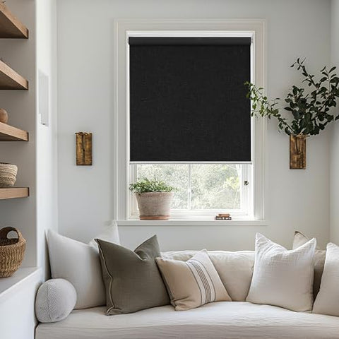 ChrisDowa Cordless Blackout Roller Shade with Spring System Room Darkening UV Protection Jacquard Fabric Blackout Blinds for Indoor Window Shades Pull Down for Home and Office, Black, 24" W x 72" H - with Black | Sold by Uncle Wiener's Wholesale