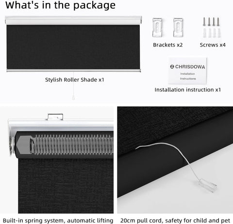 ChrisDowa Cordless Blackout Roller Shade with Spring System Room Darkening UV Protection Jacquard Fabric Blackout Blinds for Indoor Window Shades Pull Down for Home and Office, Black, 27” W x 72" H - with Black | Sold by Uncle Wiener's Wholesale