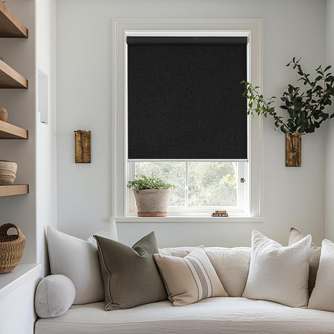 ChrisDowa Cordless Blackout Roller Shade with Spring System Room Darkening UV Protection Jacquard Fabric Blackout Blinds for Indoor Window Shades Pull Down for Home and Office, Black, 27” W x 72" H - with Black | Sold by Uncle Wiener's Wholesale