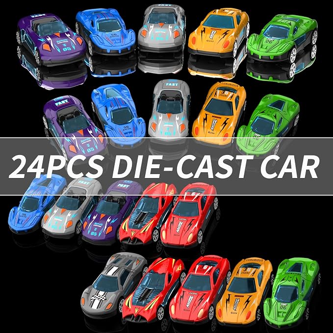 Ci Vetch 25-Piece Toy Car Transport Truck & Race Track Set – 24 Die-Cast Cars, 78-Inch Dual-Launcher Racing Track & Portable Car Storage Carrier - Toys with | Sold by Uncle Wiener's Wholesale