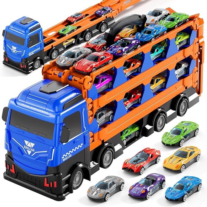 Ci Vetch 25-Piece Toy Car Transport Truck & Race Track Set – 24 Die-Cast Cars, 78-Inch Dual-Launcher Racing Track & Portable Car Storage Carrier - Toys with | Sold by Uncle Wiener's Wholesale