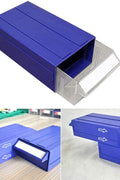 Blue clear connectable drawer storage bin with divider
Plastic hardware organizer with label slots and dividers
Stackable small parts drawer bin for screws and tools
Drawer organizer for workshop or craft room
Clear mini bin for resistors, office supplies, and fasteners