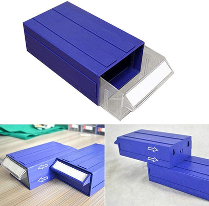 Blue clear connectable drawer storage bin with divider
Plastic hardware organizer with label slots and dividers
Stackable small parts drawer bin for screws and tools
Drawer organizer for workshop or craft room
Clear mini bin for resistors, office supplies, and fasteners