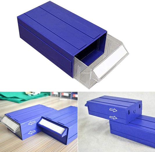 Blue clear connectable drawer storage bin with divider
Plastic hardware organizer with label slots and dividers
Stackable small parts drawer bin for screws and tools
Drawer organizer for workshop or craft room
Clear mini bin for resistors, office supplies, and fasteners