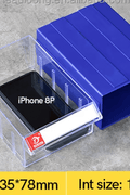 Blue clear connectable drawer storage bin with divider
Plastic hardware organizer with label slots and dividers
Stackable small parts drawer bin for screws and tools
Drawer organizer for workshop or craft room
Clear mini bin for resistors, office supplies, and fasteners