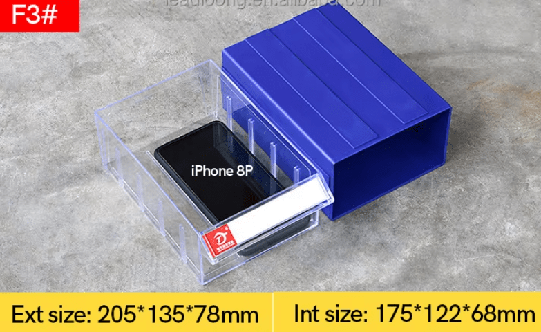 Blue clear connectable drawer storage bin with divider
Plastic hardware organizer with label slots and dividers
Stackable small parts drawer bin for screws and tools
Drawer organizer for workshop or craft room
Clear mini bin for resistors, office supplies, and fasteners