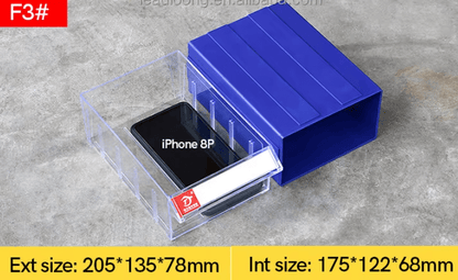 Blue clear connectable drawer storage bin with divider
Plastic hardware organizer with label slots and dividers
Stackable small parts drawer bin for screws and tools
Drawer organizer for workshop or craft room
Clear mini bin for resistors, office supplies, and fasteners