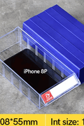 Blue clear connectable drawer storage bin with divider
Plastic hardware organizer with label slots and dividers
Stackable small parts drawer bin for screws and tools
Drawer organizer for workshop or craft room
Clear mini bin for resistors, office supplies, and fasteners