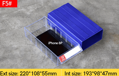 Blue clear connectable drawer storage bin with divider
Plastic hardware organizer with label slots and dividers
Stackable small parts drawer bin for screws and tools
Drawer organizer for workshop or craft room
Clear mini bin for resistors, office supplies, and fasteners