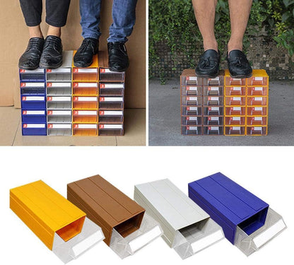 Blue clear connectable drawer storage bin with divider
Plastic hardware organizer with label slots and dividers
Stackable small parts drawer bin for screws and tools
Drawer organizer for workshop or craft room
Clear mini bin for resistors, office supplies, and fasteners