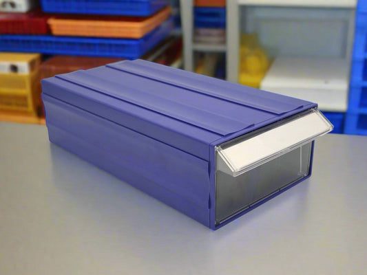 Blue clear connectable drawer storage bin with divider
Plastic hardware organizer with label slots and dividers
Stackable small parts drawer bin for screws and tools
Drawer organizer for workshop or craft room
Clear mini bin for resistors, office supplies, and fasteners