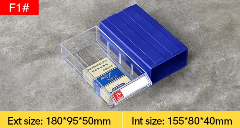 Blue clear connectable drawer storage bin with divider
Plastic hardware organizer with label slots and dividers
Stackable small parts drawer bin for screws and tools
Drawer organizer for workshop or craft room
Clear mini bin for resistors, office supplies, and fasteners
